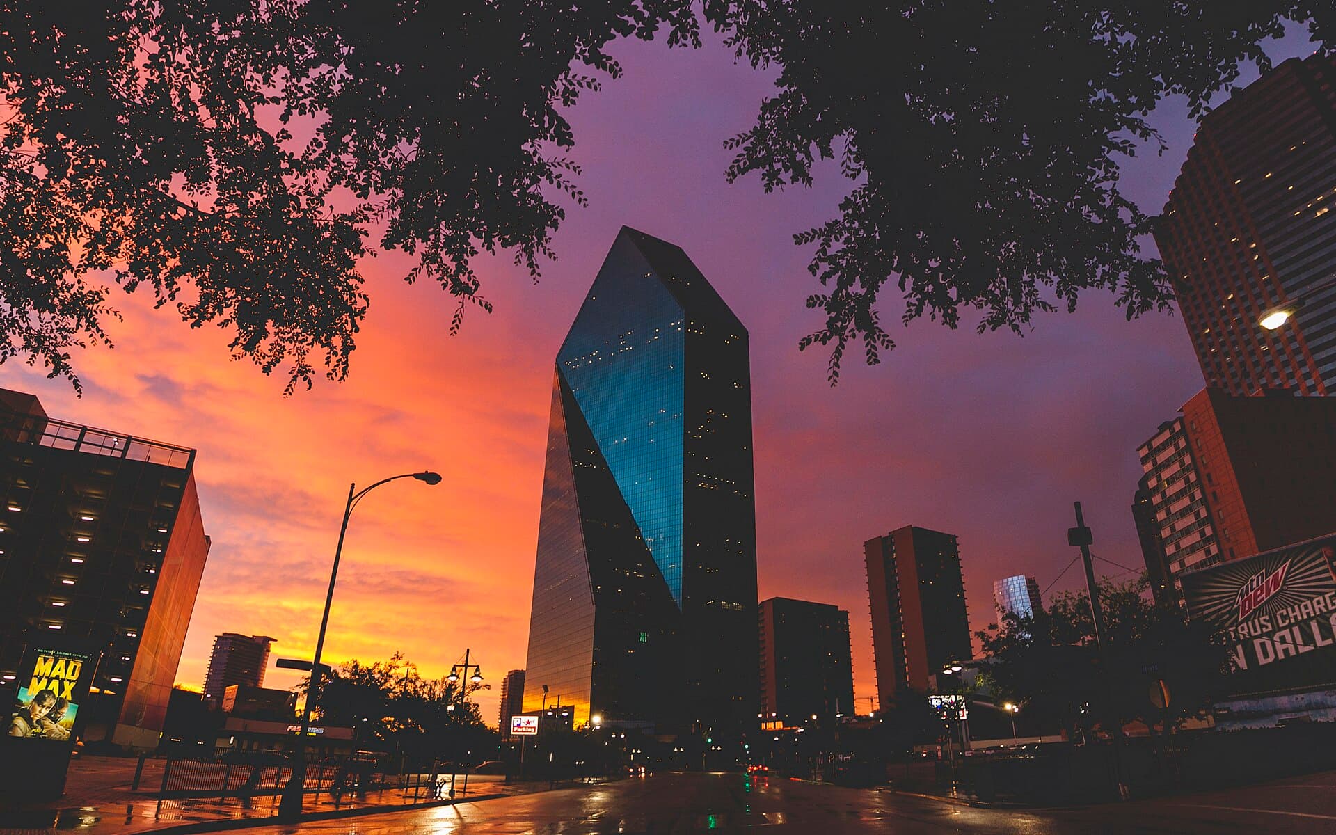 Fountain Place rising over downtown Dallas at sunset